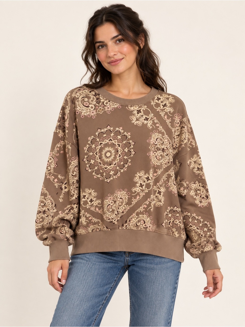 American Eagle Outfitters Brown Paisley Crewneck Sweater